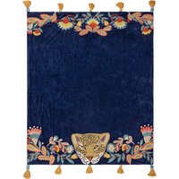 Wylder Tropics Regal Leopard Embroidered Tasselled Throw - Blue Cotton - One Size